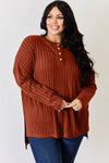 Ribbed Half Button Long Sleeve High-Low T-Shirt